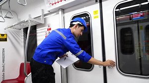 Electric Train Maintenance Training Center, male engineer employees wearing uniforms conduct safety inspections and inspect repair and maintenance of electric trains in maintenance stations.