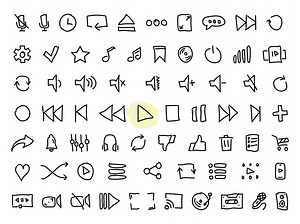 Set of black vector doodle icons, isolated against white background. Flat illustration on a theme audio and video player buttons. Line, outline, stroke
