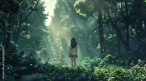 Anime girl standing alone in a serene forest, surrounded by lush trees and natural beauty, creating a tranquil and introspective sce Seamless looping 4k time-lapse virtual video animation Generated AI