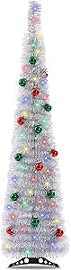 5 Ft Christmas Tinsel Tree, Silver Collapsible Pop up Tree with 15 Colored Lights and 15 Ball Ornaments, Tinsel Christmas Pencil Tree with Stand, for Xmas Indoor Small Space Home Decorations | Silver