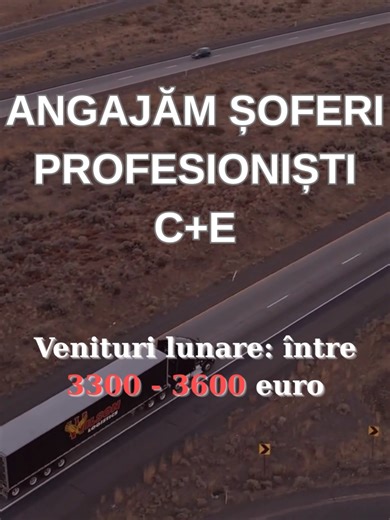 Angajăm șoferi profesioniști categoria C E, cu experiență, pentru clienții noștri - firme de transport rutier de mărfuri din Italia, astfel : 🚛 Camioane MULTIMARCĂ ,Euro 6; ✅Garaje cu facilități de baza pentru șoferi; ✅Program de lucru flexibil; ✅Contract de muncă pe România; ➡️ Venit lunar net cuprins între 3300 și 3600 Euro ; ✅ Se plătesc concediile de odihnă pe Romania; ✅ Se decontează avizele medicale, se suportă cheltuielile de deplasare la utilizator ✅ Se poate oferi cazare, la unele firm