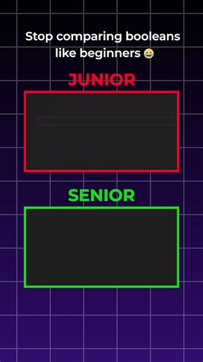 Get Code Snippets on Instagram: "Stop comparing booleans like a beginner 😅 Here’s a REAL JavaScript pro tip you should use in every project! In this quick Beginner vs Pro JS breakdown, you’ll see why checking if (isActive === true) is unnecessary - and how pros clean it up instantly. Comment “Part 3” if you want the next pro-level tip! 🔥 #javascript #jstips #javascripttricks #codingshorts #codingreels #cleancode #beginnerVsPro #frontenddeveloper"