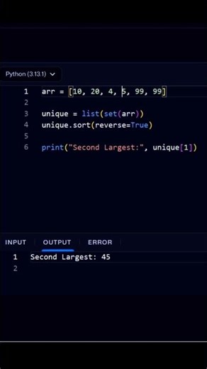 Find Second Largest Element | Python Programming | Python Online Compiler | Second Largest Element