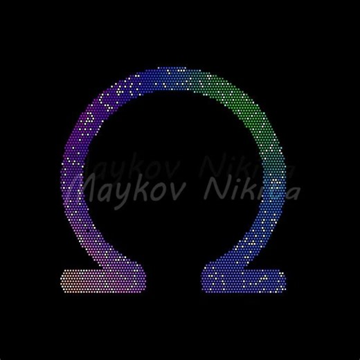 Icon omega is made up of LED square shapes that shimmer and flicker. There are black dead diodes