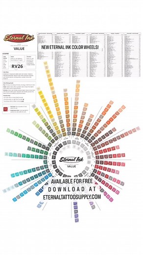 We’re stoked to offer two new Eternal Ink Color Wheels for free download! Our new Value and Chroma color charts were designed to make it easier to mix, blend, and choose the best colors for your tattoos. And, we have physical copies available (while supplies last!) Color Wheels and more information available at www.eternaltattoosupply.com #eternalink #brightestcolorsperiod | Eternal Ink