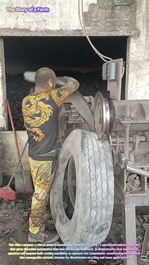 Circular Economy: Operators use cutting machines to turn scrap tires into recyclable resources! ♻️🔧↓