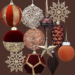 Hollowfly 12 Pcs Bronze Copper and Gold Christmas Ball Ornaments Set Glitter Vintage Neutral Christmas Tree Velvet Plastic Balls Decoration Brown Shatterproof Hanging Assorted Ornaments Holiday Decor