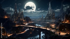 A stunning futuristic cityscape at night. The moon glows brightly, casting an ethereal light on the city below. Flying vehicles are seen in the sky, adding to the futuristic feel.