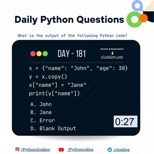 Python Coding challenge - Day 181 | What is the output of the following Python Code? | Python Coding