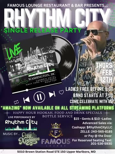 Rhythm City starts at 7pm! LADIES FREE B4 6PM! Gents $15 Ladies $10 CashApp: $RhythmCityLLC Zelle: 240-565-8185 Or pay at the door! Text 301-536-5930 For Reserve Seating Food, Drinks & Hookah Specials! #RhythmCity #Amazing #DJXperience #HappyHour #Ladies