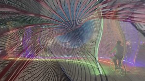 "Evolution Field is a fifty foot long triple layer moiré wall that blends color and light in visual waves reminiscent of galaxy forms. The slightest change in perspective creates an evolution in form seen from great distances." Take a look at this complex piece through the eyes of drone pilot Jesse Chandler and explore it from within with the artist himself. Seen here: "Evolution Field" by Matt McConnell, 2022 (footage by Jesse Chandler and Matt McConnell, edit by Matt McConnell, music is "Mahar