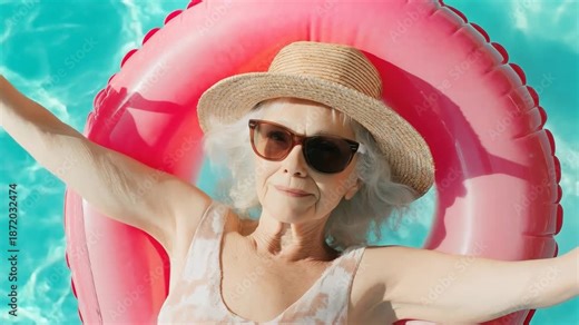 Senior woman in swimsuit relaxing on inflatable ring in swimming pool. Summer vacation and leisure activity for older adult.
