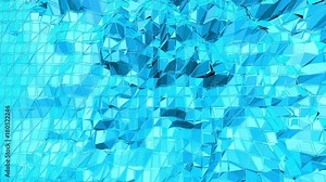 Blue low poly deforming surface as molecular background. Blue polygonal geometric deforming environment or pulsating background in cartoon low poly popular modern stylish 3D design. Free space