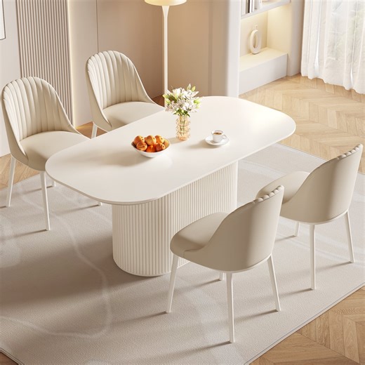 Guyii 5 Piece Oval Dining Table Set with 4 Chairs, 70" Cream White Kitchen Table, Rectangular Dining Room Table for Kitchen, Living Room