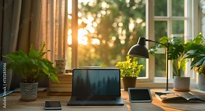 A serene home office setup with state-of-the-art digital tools, a sleek laptop