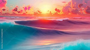 Relaxing sunset over the ocean with vibrant colors and gentle waves on a tranquil beach