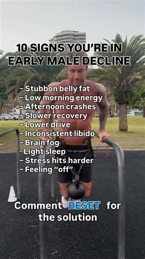Matt Fox | Men’s Fitness & Health on Instagram: "Comment “RESET” and I’ll send you the protocol to reverse this. Most men 40+ think they’re gaining fat and losing energy because of age. It’s not age. It’s early male decline, your biology slipping out of sync. This is why you’re seeing: • Belly fat that won’t move • Low morning energy • Afternoon crashes • Slower recovery • Lower drive • “Foggy” days • Eating clean but no results This doesn’t fix itself. It gets worse every year unless you interv