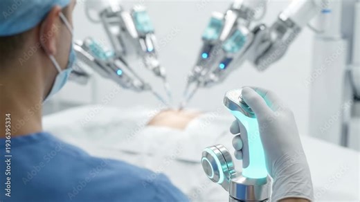 A healthcare professional operates advanced robotic surgery tools while performing a procedure. The environment includes a surgical setup with equipment designed for medical use