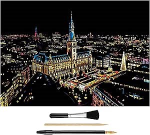 Scratch & Sketch Art Paper(16” x 11.2”)for Kids & Adults, Rainbow Painting Night View Scratchboard, Painting Gift, Scratch Off Art Craft Kits:Scratch Cards & Drawing Pen stick, Clean Brush(Hamburger)