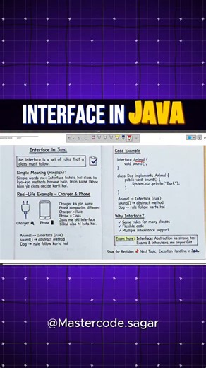 Sagar Rathod on Instagram: "🔌 Interface in Java – Rule Book for Classes An interface is like a rule book that tells a class what methods it must have, but not how to write them 💻 👉 Easy example: Mobile charger 🔌 works with different phones 📱 Charger is the interface, phones are the classes that implement it. 📌 Why use interface? ✔ Same rules for many classes ✔ Flexible & clean code ✔ Supports multiple inheritance 📚 Very important topic for OOPs, exams & interviews. 👉 Save this reel for r