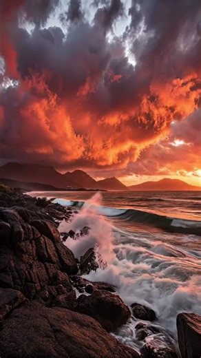 Fiery Sunset on Bali Beach | Ocean Waves & Burning Sky