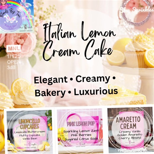 Wednesday’s Blend of the Day!! 🍋🧁✨ Italian Lemon Cream Cake ✨🧁🍋 Italian Lemon Cream Cake is smooth, elegant, and irresistibly creamy—like a rich layered lemon cake filled with fluffy vanilla cream and topped with sweet citrus glaze from an upscale Italian bakery. Limoncello Cupcake brings soft lemon cake sweetness, Pink Lemon Pop adds sparkling sugared citrus brightness, and Amaretto Cream wraps everything together with velvety almond vanilla richness. Together, it smells luxurious, bakery-r