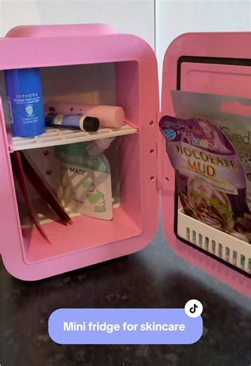 POV: your skincare has its own little pink fridge 💗🧊 Keeping skincare in a mini fridge isn’t just cute it’s practical too Plus… chilled serums and face masks just feel better on the skin. ✨ #skincarefridge #beautyroutine #skincarestorage #beautytips #skincareroutine