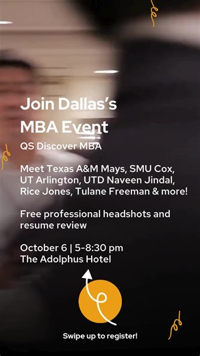 Dallas! Unlock your future with an MBA program that's right for you. Join QS Discover from 5-8:30pm on Oct 6 @ Adolphus Hotel to meet: 📌 UTD Jindal 📌 UT Arlington 📌 OU Price 📌 Tulane Freeman and many more top business schools! Learn more at the QS MBA fair on Mon, Oct 6. 📅 Attendees will receive a free resume review, professional headshot & access to exclusive scholarships! Reserve your spot today. 🤝 📅 Sign-up for free | QS Top MBA