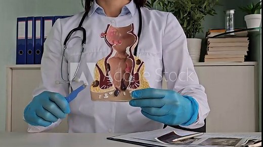 doctor explaining the anatomy of the rectum and anus using a detailed model