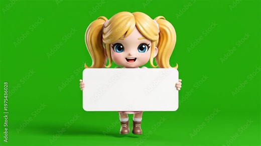Cute Cartoon Girl Holding Blank Sign on Green Screen