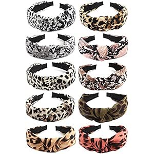 Ondder 10 Pack Knotted Leopard Print Cheetah Top Knot Turban Headbands - Fashion Non-Slip Headbands for Women and Girls