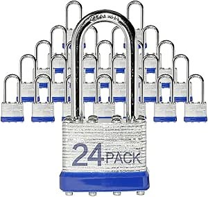 Laminated Steel Padlocks, 24 Pack, Blue, Keyed Alike, Long Shackle, for Hasp Latch, Sheds, Fences, Lockers, Schools, Gyms