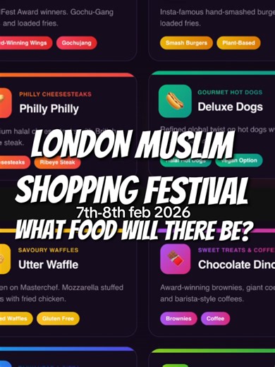 @London Muslim Shopping Fest 7-8th February! Lets look at the food the vendors! @Baked Bird baked chicken! @Gully uk indian street food! @MexicanSeoul k chicken! @Nanny Bills for best burgers! phillyphilly philly cheese steaks! Ig @deluxdogsuk hot dogs! @Utter Waffle savory chicken and waffles! Ig @CHOCOLATEDINOCOMPANY chocolate! Ig @bian_danguk Taiwanese! Ig @harissaandlemon Moroccan! Ig @dumplingpimps Nepalese momo! @NUGS chicken nuggets!