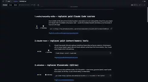 10 repos blowing up on GitHub this week that replace $1,500/month in AI tools1. andrej-karpathy-skills → replaces paid Claude Code courses   one CLAUDE.md file from Karpathy's LLM coding observations   48,965 stars. 7,939 stars TODAY https://t.co/xjnhzKjQAo2. claude-mem → replaces paid context/memory tools   auto-captures everything Claude does across sessions   compresses with AI and injects into future sessions   59,373 stars. 1,907 stars today https://t.co/dZPWBSfRz03. voicebox → replaces Ele