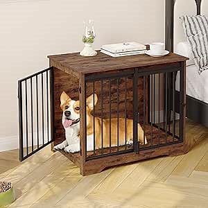 31.9" Dog Crate Furniture with Barn Door, Heavy Duty Dog Kennel Indoor with 2 Doors, Wooden Pet Cage End Table for Small Medium Dogs up to 44 lb, Anti-Chew Anti-Escape, Rustic Brown DFC83601B