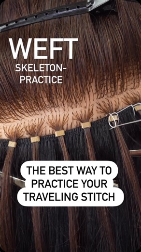 Hair Extension Masters on Instagram: "Skeleton install for weft practice✨ So this is by far the best way to practice your traveling stitch when just starting out. -You can see your pockets clearly -Work on hugging the bead tightly while stitching straight -Don’t sew through the tail -Try to flick the needle out quickly This isn’t great practice for sewing the corners of the weft in but if you’re trying to practice your lock stitch do this! Once you feel comfortable, then put the weft on top and 