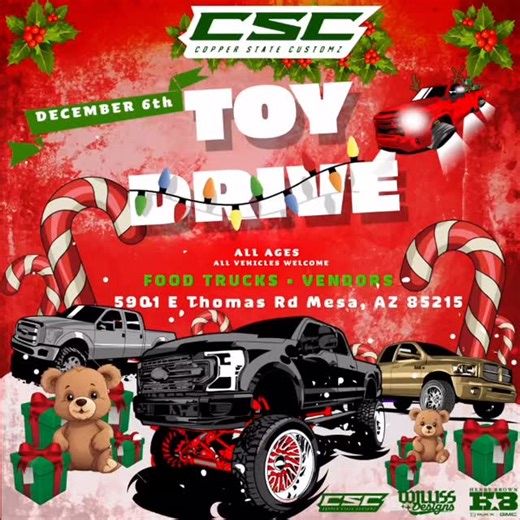 Copper State Customz on Instagram: "We want to say thank you to all of our sponsors and vendors that are apart of our December 6th Toy Drive!!! This wouldn’t be able to happen without all of you!! It’s not too late to get registered for the Show and Shine. All you have to do is bring an unwrapped toy to be apart of the Show and Shine, it’s all for the kids who need it the most!"