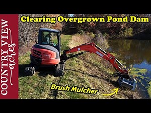 Mowing the Pond Dam with the Excavator. Brush Mulcher turns Excavator into Ultimate Boom Mower.