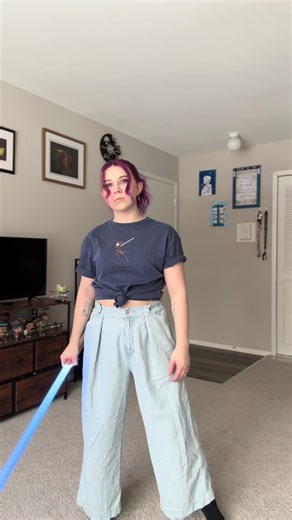 “I’ll try spinning, that’s a good trick” Saber is from @sabermasters use code “NerdyGirl20” for 20% off #starwarsfyp #starwarstiktok #sabertiktok #lightsaberspinning #fyp