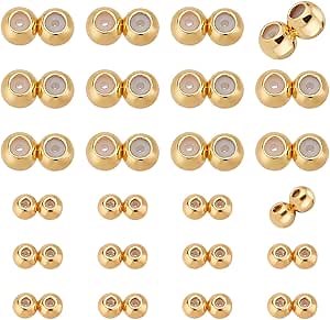 PH PandaHall 18K Gold Stopper Beads, 24pcs Double Hole Positioning Beads Silicone Slider Spacer Bead Brass Adjustable Round Bead for Jewelry Bracelet Necklace Making, Each Bead 3mm/4mm