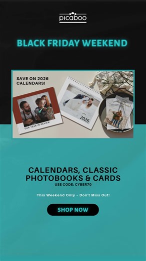 Black Friday Week just got even better. Get 70% OFF Classic Photo Books, Calendars & Greeting Cards with code CYBER70. Make something meaningful — for way less. 🖤 | Picaboo Photobooks