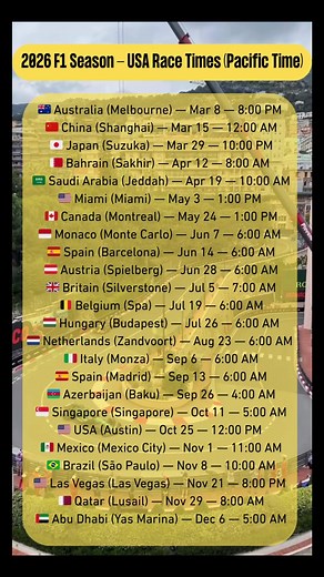 F1 2026 is for the West Coast night owls! 🏎️🌉 Here is your F1 2026 Pacific Time Schedule breakdown so you can plan your race weekends ➡️ The new era is nearly here with 24 races, and the times for PT fans are looking wild. From late-night starts to early morning coffee runs, here is the cheat sheet: 🌒 The Late Night Classics (8PM - 10PM PT): * Australia: 8:00 PM PT (Sat night!) • Japan: 9:00 PM PT (Sat night) • Las Vegas: 8:00 PM PT (Sat night) ☀️ The Breakfast Club (6AM - 7AM PT): * Monaco: