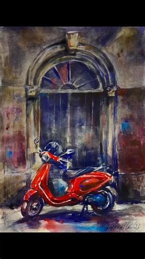 A Red Vespa ❤️ #watercolor #scooter #cityscape #italy #rome #artprocess #arttimelapse