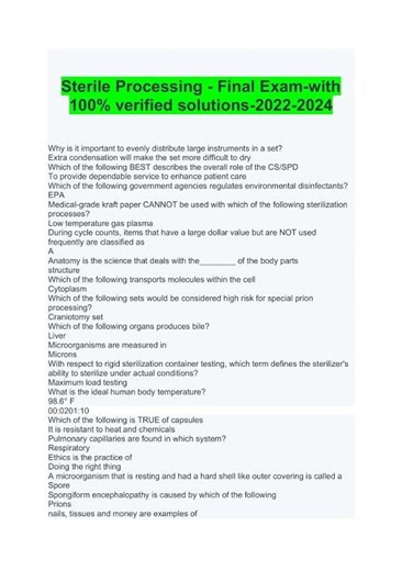 Sterile Processing Final Exam With 100 Verified Solutions 2023