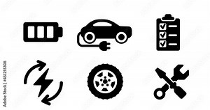 A 4K illustration of an icon set for E-car service maintenance and reparation in outline design, animated on a white background