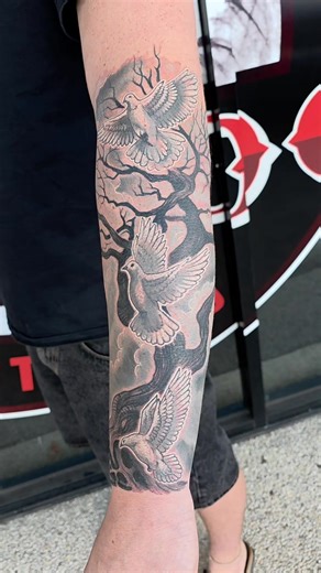 Super cool custom Family Tree and Doves piece created today on Izaha for his first tattoo. 💪🤩 By Daniel Brandt in 3 hours 🤘 #family #familytree #familytreeanddoves #firsttattoo #guyswithtattoos #tattoo #tattoos #tattooed #ink #inked #inkedmag #cooltattoos #best #bestink #americanbodyart #raptor #protat #drpickles #worldfamousink #melbourntattoosupplies #tattooarmour | Electric Expressions Tattoo Studio