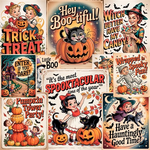 21 Vintage Halloween Postcards PNG Bundle, Retro Funny Spooky Clipart, Cute Witch Cat Ghost PNG, Halloween Clipart Bundle Digital Download - Etsy