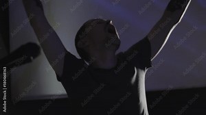 Club dj team scratching vinyl records on stage. hip hop djs playing music tracks on concert in the night club with drum sticks on pad. Dj scratch vinyl record. Beat maker play music on beat machine