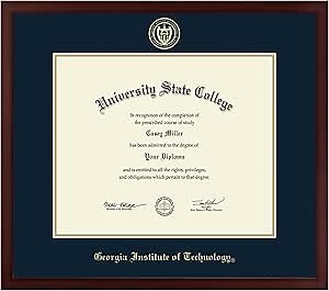 Georgia Institute of Technology 17" w x 14" h Diploma Frame - Fits a bachelor's, master's and phd - Gold Embossed Diploma Frame - Cherry Moulding with Navy Matting - Officially Licensed