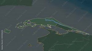 Jaffna, district with its capital, zoomed and extruded on the relief map of Sri Lanka in the conformal Stereographic projection. Animation 3D